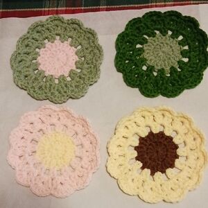 Handmade Crochet Flower Coasters Set - Green, Pink, Yellow, Brown